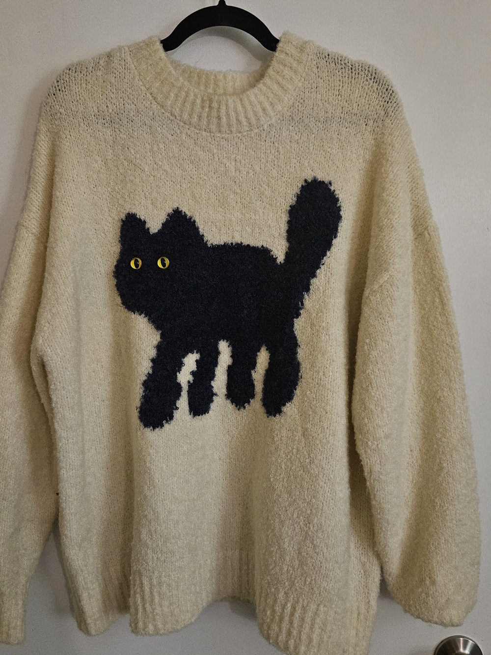 Cider Cream Knit Sweater with Black Cat Graphic